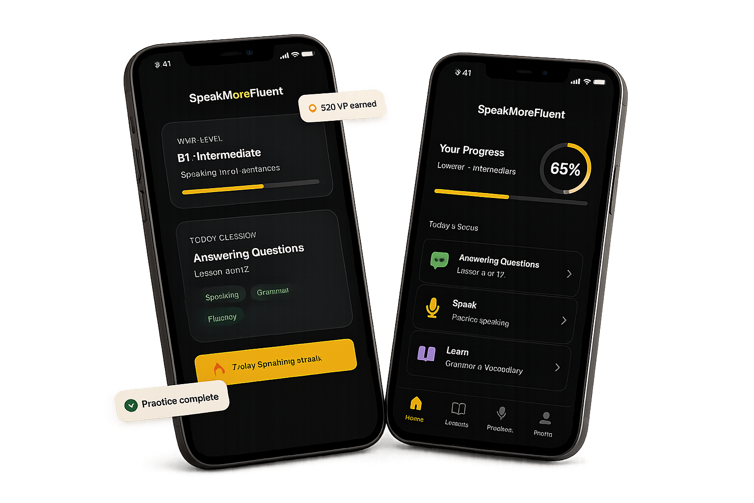 SpeakMoreFluent app showing lesson progress and speaking practice